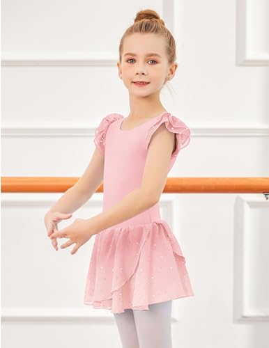 Foto von Arshiner Ballettkleidung Mädchen Baumwolle Ballettkleid Rosa Kurzarm Ballettanzug Balletttrikot Tanzkleid Ballerina Kleid Tanzbody mit Rock Tütü 5-6 Jjahre