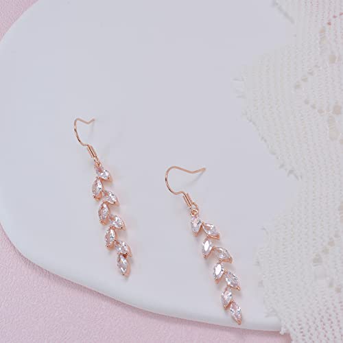 Wedding Dangle Earrings, Marquise Cubic Zirconia Crystal Chandelier Earrings For Brides, Bridesmaid, Women And Girl Prom, Rose Gold Leaf Long Drop Earrings (Rose) #TOP5