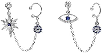 Blue CZ Evil Eye Star Ear Cuff Wrap Asymmetric Chain Tassel Stud Earrings for Women Teen Girls Cubic Zirconia Small Hoop Cartilage Climber Crawler Dangle Drop Earring Sterling Silver Gifts