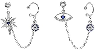 Blue CZ Evil Eye Star Ear Cuff Wrap Asymmetric Chain Tassel Stud Earrings for Women Teen Girls Cubic Zirconia Small Hoop Cartilage Climber Crawler Dangle Drop Earring Sterling Silver Gifts