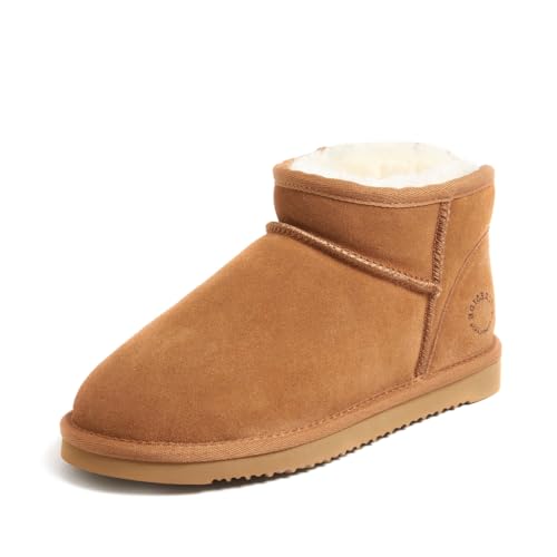 Fireside by Dearfoams Women's Riverland Shearling Fur Lined Mini Ankle Boot, Chestnut, 10