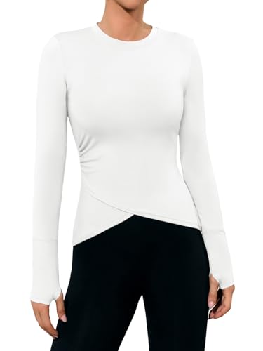 Fisoew Womens Long Sleeve Workout Tops Athletic Compression Shirts Crew Neck Cross Hem Running Yoga Active Shirts