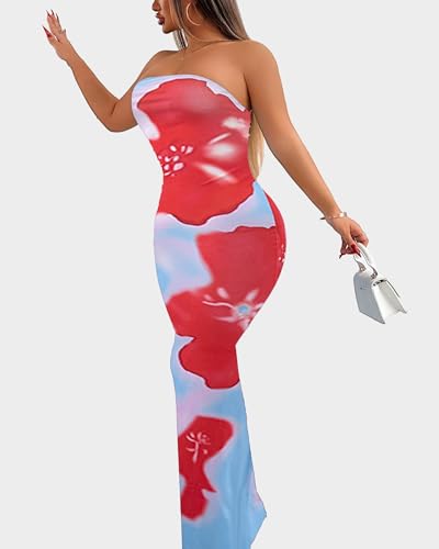 Image of Sliot Floral Print Strapless Bodycon Maxi Dress - Sexy Summer Beach Dress for Women, Tropical Vacation Sundress, Club Party