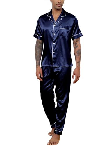 Reliwel Mens Pyjamas Set Silk Satin Short Sleeve Mens Silk Pyjamas Button Down Shirt and Long Pants Notch Collar Loungewear Sleepwear Nightwear With Pockets S-XXL Navy Blue