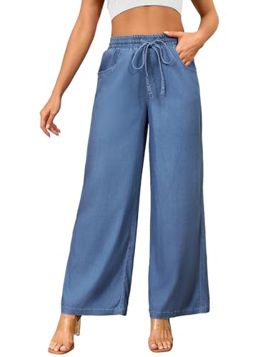 Women's High Waisted Wide Leg Jeans - Straight Leg Pants Adjustable Drawstring Waist, Loose Fit, Comfy Stylish