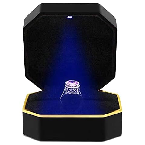 BULYZER Ring Box with Led,Square Velvet Wedding Double Ring Case Jewelry Gift Box Light for Proposal Engagement Wedding(Black) Cover