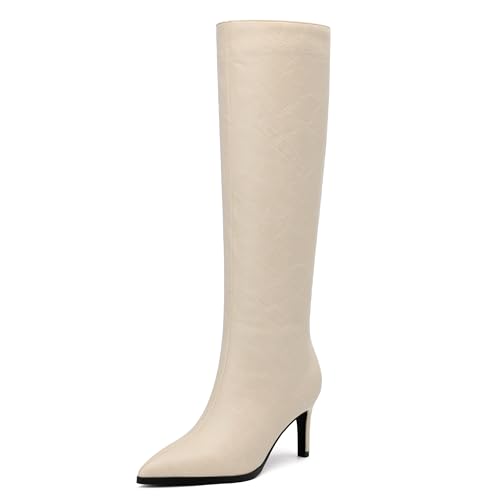 Image of ROSERWISH Women's Knee High Boots Pointed Toe Low Kitten Heel Tall Boots Comfortable Casual Fall Long Boots With Side Zipper