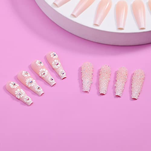 Artquee 24Pcs French Nude White Flowers Press On Nails Flash Diamond 3D Rhinestones Glitter Glossy False Nails Long Ballerina Coffin Fake Nail Tips Manicure For Women And Girls #TOP5