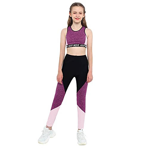 YiZYiF - YiZYiF Enfant Fille Ensemble Sport Leggings Sport Yoga et Débardeur Tenue de Patinage Artistique Survêtement de Sport Vêtements de Jogging Running Sportwear 6-14 Ans D Rose Noir 12 ans