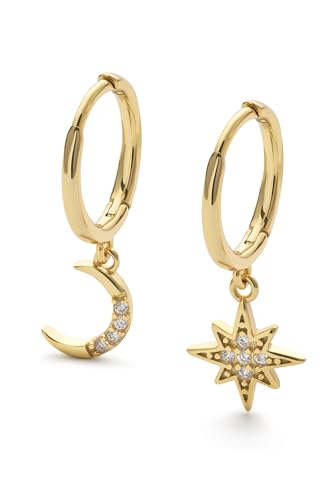 Image of Gold Sun and Moon Earrings, Gold Starburst Hoop Earrings, Silver Celestial Star Earrings, Gold Crescent Moon Jewelry, Gold Space Earrings