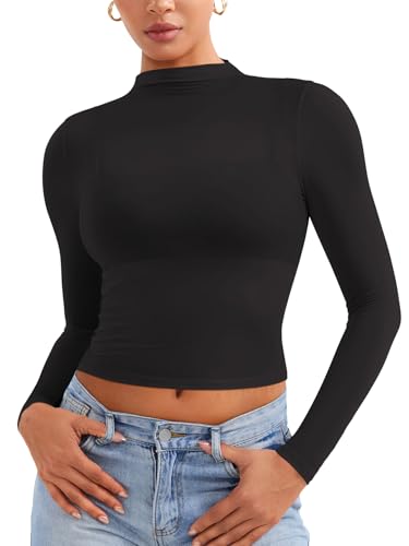 YEOREO Womens Sheer Tops Long Sleeve See Through Tops Mock Neck Slim Fit Workout Shirt Jamy Going Out Sexy Shirts