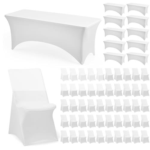 Newwiee 108 Pcs Wedding Supplies Include 12 White Spandex Table Covers & 96 Stretch Chair Covers Bulk Fitted Folding 6 Ft Tablecloth Wrinkle Resistant Chair Slipcovers for Wedding Banquet Party by Newwiee - Used condition - US$94.85