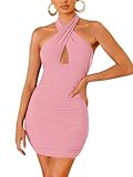 REORIA Women's Sexy Mini Dress Halter Sleeveless Backless Bodycon Criss Cross Ruched Short Dresses Party Night Club Outfits Pink Medium