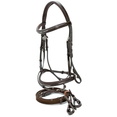 Jeffers Uniquely English Kentucky Leather Jumping Bridle with Web Reins Set for Horses, Oversize - Fancy Stitched Padded Noseband & Browband, Mono Crown, Flash Strap, Equestrian Tack - Havana by Jeffers - Used condition - US$56.67