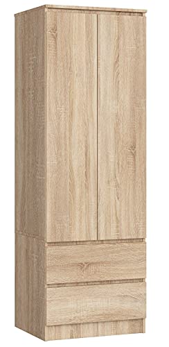 AKORD Armoire 2 Portes | Armoir Chambre 2 Tiroirs 2 Etagères et Une Tringle | L60 x H180 x P51 cm | Panneau Stratifié 16mm | Armoire sans Penderie Chambre |...