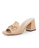 gihubafuil Womens Sandals Chunky Heel Peep Toe Slides Single Band Comfort Mules Slip-on with Metal Chain for Summer, Khaki, Size 7