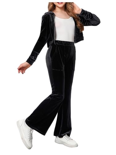 SweatyRocks Girl's 2 Piece Outfits Velour Tracksuit Zip Up Cropped Hoodie and Flare Leggings Pants Set Black 11 Years
