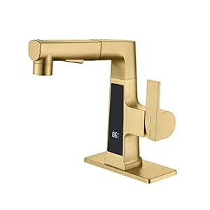 LED Bathroom Faucet with Pull Out Sprayer, Rzoeox Brushed Gold Temperature Digital Display Bathroom Sink Faucet 2 Spray Modes Brass Body RV Faucet Single Handle 1 or 3 Holes with Deck Plate