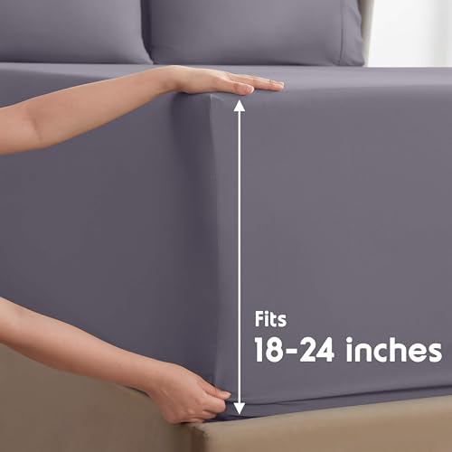 Image of Nestl Extra Deep Cal King Sheet Set - 6 Piece Breathable & Cooling Sheets - Hotel Luxury Bedding Set w /18-24 Inch Deep Pockets - Easy & Secure Fit - Super Soft, Wrinkle Free & Comfy - Grayish Purple