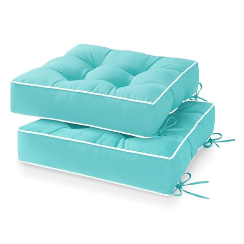 HARBOREST Outdoor Chair Cushions Set of 2, Tufted Patio Chair Cushions with Ties, Square Corner Outdoor Cushions for Patio Furniture, Lawn Chairs, Wicker Chairs, 19" x 19" x 5", Teal