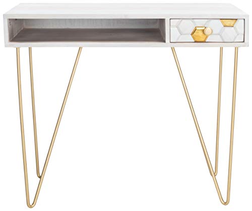 Safavieh Home Office Collection Raveena White Wash And Brass 1-Drawer Hairpin Leg Desk, 0 #TOP1