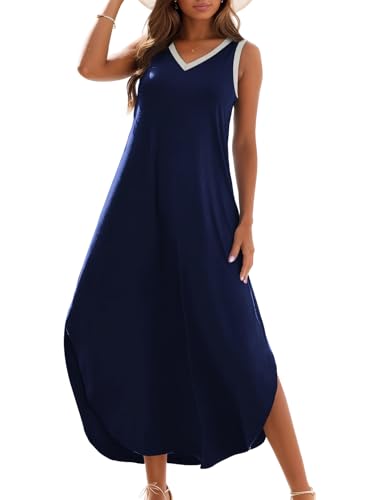 Zilcremo Women's Summer Casual Loose Sundress Long Dress Sleeveless V Neck Split Tshirt Maxi Dresses