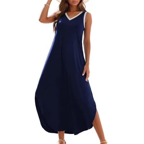 Zilcremo Women's Summer Casual Loose Sundress Long Dress Sleeveless V Neck Split Tshirt Maxi Dresses Small Navygrey