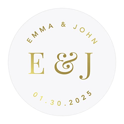 Andaz Press 2" Round Clear Personalized Wedding Sticker Labels with Gold ink, Custom Modern Monogram Transparent Vinyl Envelope Tab Sealer Self-Adhesive Labels for Wedding Invitations, Favors, 40-Pack