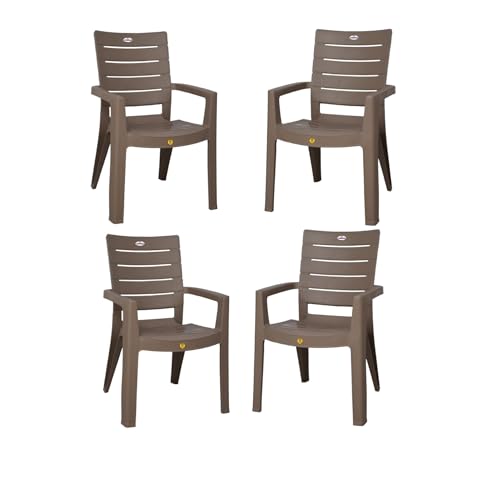 Image of Prima Plastic Chair for Living Room |Set of 4 | Chair for Home, Living Room, Outdoor | Stackable Chair with arm | 100% Virgin Plastic | Rado (Camel Brown Colour)