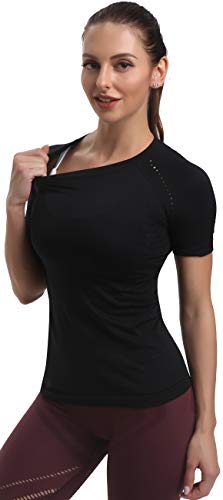 Running Girl Seamless Workout Shirts For Women Dry-Fit Short Sleeve T-Shirts Crew Neck Stretch Yoga Tops Athletic Shirts (2443Black, S) #TOP3