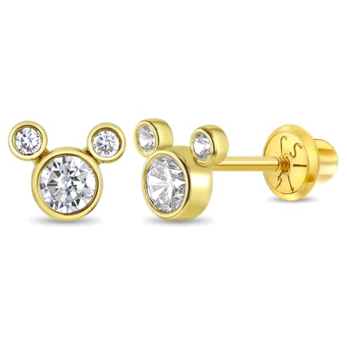 14k Yellow Gold Petite Mouse Clear Cubic Zirconia Screw Back Earrings For Toddlers and Little Girls - Small Sparkling CZ Earrings for A Girls Special Day - Glimmering Mouse Earrings For Kids