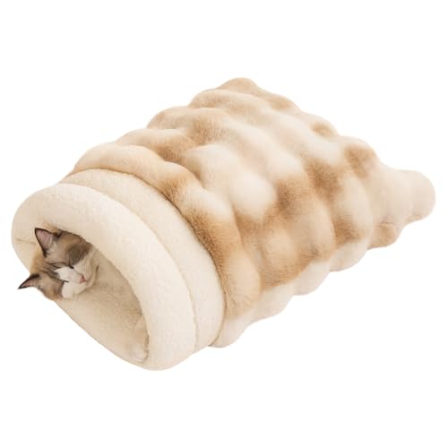 SOMAHE Cat Sleeping Bag for Indoor Cats Faux Fur Pet Cave Bed & Burrow Nest Reversible Plush Snuggle Sack Portable Foldable Mat Machine Washable Anti-Static 21.7x17.7 Beige