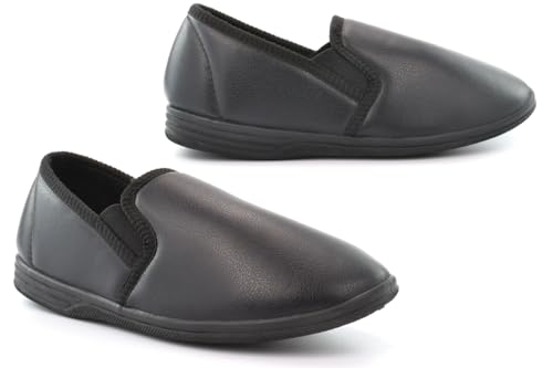 Image of Mens Slip On Slippers Faux Leather Slippers Mens Carpet Slipper Size 6 Boys Slipper Leather Effect Slip On Extra Large Size 13/14 Sizes 6-12/13/14 Black 13 UK