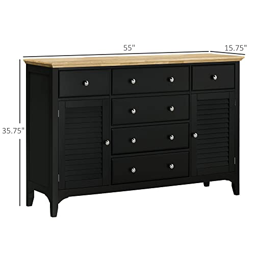 Homcom Sideboard Buffet Cabinet With Storage Drawers, Rubber Wood Top And Adjustable Shelves, Kitchen Cabinet Coffee Bar Cabinet, Black #TOP2
