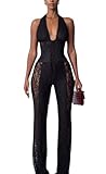 Wuitrie Lace Jumpsuits for Women Sexy See Through Deep V Neck Halter Tops and Flare Pant One Piece Romper Party Club Outfits