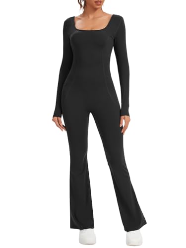 Ecupper Mono de Yoga Bodycon para Mujer - Cremallera, Cuello Redondo, Manga Larga, Pantalones Acampanados, Conjunto de Entrenamiento S Negro