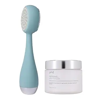 PMD Beauty Clean Pro - Electric Facial Cleansing Brush, Smart Facial Device with Silicone Brush & Heated Anti-Aging Aluminum, Gemstone, Precious Metal Massager, Sky Silver + Balm