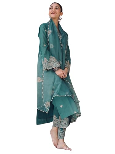 Image of Royal Export Women's Kurta Set | Viscose Silk Floral Embroidered Straight Kurta Pant Dupatta Set Kurta Sets for Women | Ladies Kurta Set