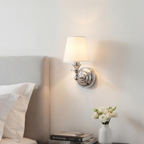 Image of Antique Linen Shade Wall Sconce- Brass Finish Base and Conical Fabric Shade Wall Light Fixture for Bathroom, Bedroom, Dining Room and Entryway(6.5 inch D x 11.5 inch H Chrome)