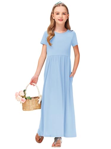 Image of Deerose Girls Maxi Dress Short Sleeve Casual Long Dresses with Pockets 5-14 Years