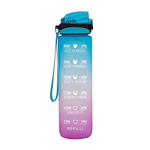 QAZW Vattenflaska, 32 oz med motiverande tidmarkör/mätningar, 1 liter BPA-fri vattenkanna för kvinnor män, läckagesäker vätskeflaskor för sport gym träning vandring kontor, blå/lila-1 L