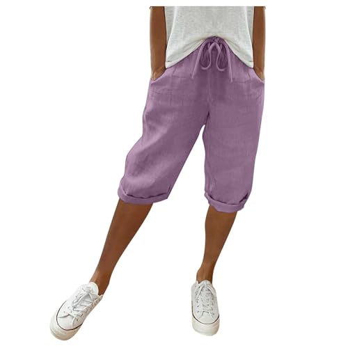 La mejor selección de Shorts y bermudas para Mujer los 10 mejores. 43 Bermudas para mujer, pantalones cortos de lino y algodón con cordón para verano, hasta la rodilla, pantalones cortos de lino para mujer, D - Morado, Large