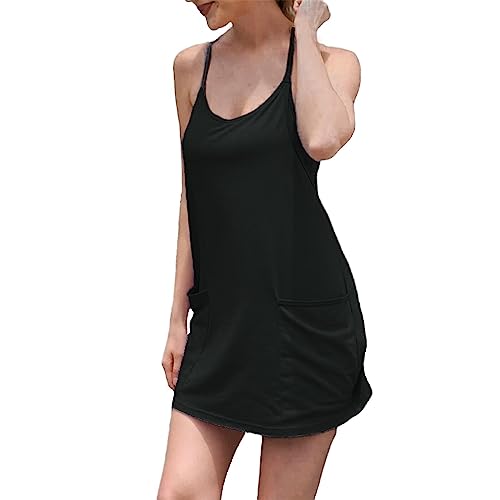 Image of UNIANKIYA Womens Workout Romper Dress with Shorts Underneath Sleeveless Spaghetti Straps Athletic Outfits Casual Vacation