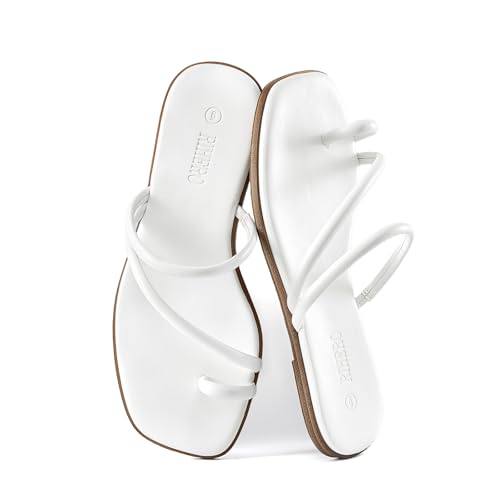 Rihero Womens White Slide Sandals Beach Square Toe Thong Flat Sandals Slip On Comfortable Dressy Summer Strappy Flip Flops Size 9.5 — view 6