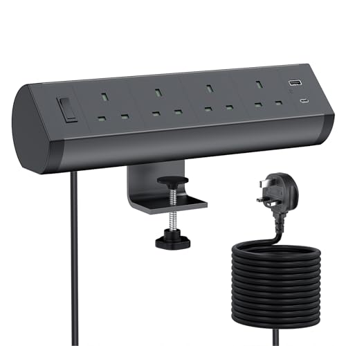 Haylink - Desk Clamp Power Socket with USB C, Haylink 4 Way Desk Extension Lead with Switch, 2 USB Ports, 3M Cable, Aluminium Alloy Desktop Power Strip for Office Home, Black - -24%