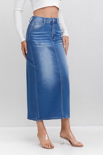 Women's High Waisted Long Denim Skirt with Back Slit Distressed Holes Stretch Whisker Wash2