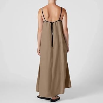 Generisch 2025 - dames maxi-jurk met contrasterende bies, spaghettibandjes, zomeroutfits, reizen, vakantie, mouwloos, lange jurk zomer dames maxi, bruin, M