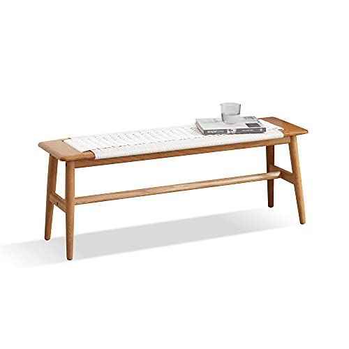 Jurmalyn Wood Dining Bench, Mid Century Bed Bench With Woven Design, Long Bench For Dining Table, Bedroom, Bathroom (Oak &White) #TOP4
