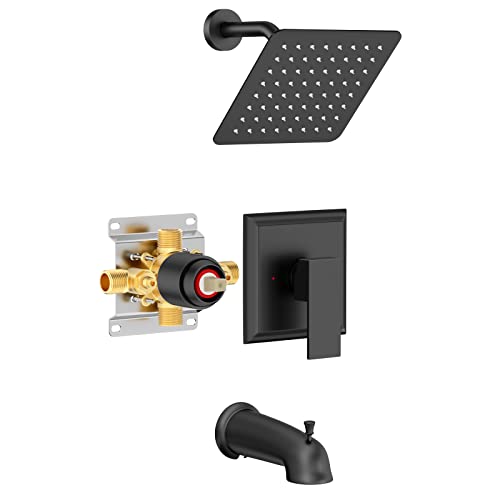 Duscharmatur-Set mit Wannenauslauf - SunCleanse Duschsystem (Ventil im Lieferumfang enthalten) mit 20,3 cm Regenduschkopf und Badewannenarmatur - mattschwarzes Duschwannen-Set für Badezimmer Cover