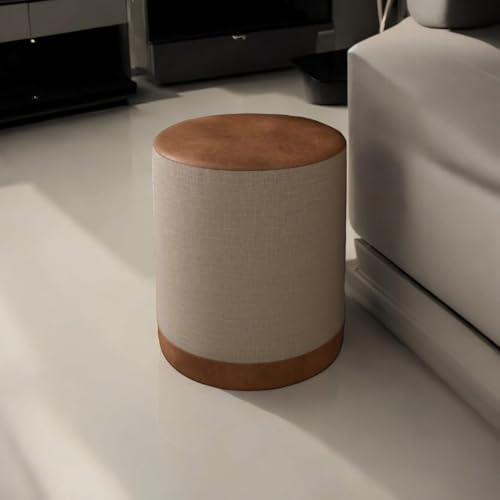 PUFF Closet Penteadeira Banqueta Redonda LINHO BEGE ASSENTO EM COURO CARAMELO 42cm x 34cm.DAKOTA